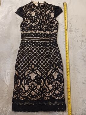 QUIZ Nude Lined Black Lace Midi Dress with Cap Sleeves
